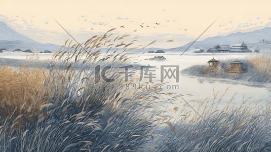 河流湿地插画图片_沙滩湿地芦苇荡风景插画22