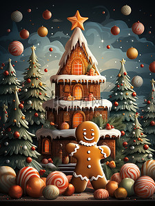 节日甜蜜插画图片_姜钟和糖果为背景的甜蜜快乐圣诞树17