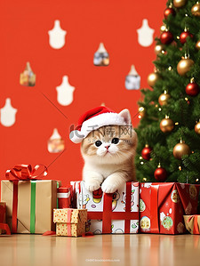 圣诞节快乐圣诞树插画图片_可爱卡通猫节日快乐圣诞节13