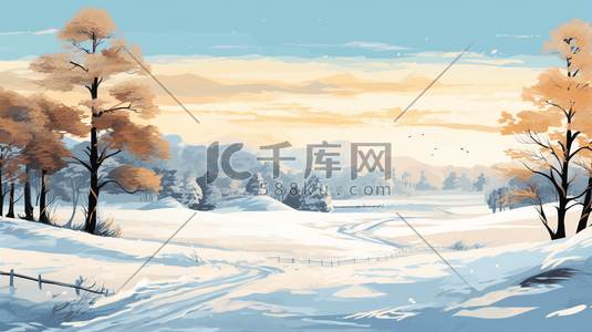 唯美冬天大雪大寒雪中森林树林风景场景插画