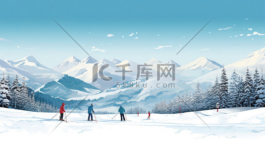 积雪冬天插画图片_冬天滑雪场滑雪插画7