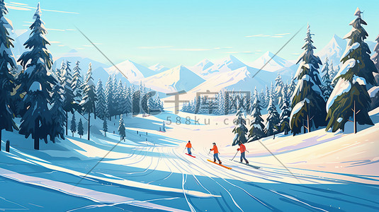 滑雪线稿插画图片_冬天滑雪场滑雪插画14