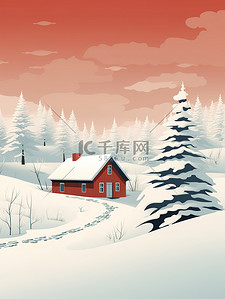 白雪树插画图片_被白雪树包围的冬季小屋3