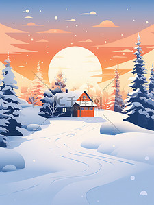 白雪树插画图片_被白雪树包围的冬季小屋4