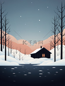 白雪树插画图片_被白雪树包围的冬季小屋16