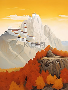 西藏插画图片_西藏高山寺庙秋天景色22