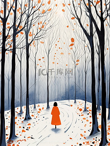 行走的女人插画图片_女人在秋天的小路散步19