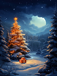 蓝色礼物盒插画图片_蓝色的夜晚圣诞树礼物盒14