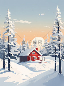 白雪树插画图片_被白雪树包围的冬季小屋8