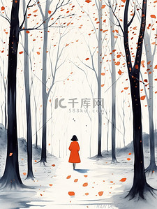 行走的女人插画图片_女人在秋天的小路散步6