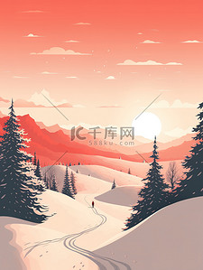 红色数字8插画图片_冬季极简浅红色插图8