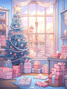 圣诞节节日插画图片_粉色圣诞节布置的房间3
