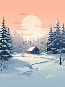 白雪树插画图片_被白雪树包围的冬季小屋6