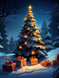 蓝色礼物盒插画图片_蓝色的夜晚圣诞树礼物盒15