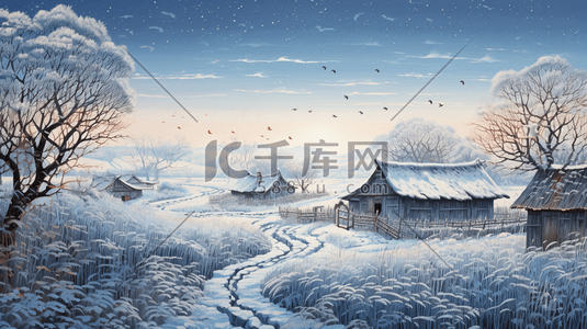 农村冬季插画图片_农村雪景风景插画15