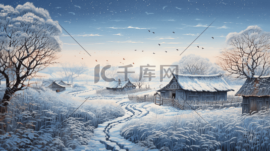 农村冬天插画图片_农村雪景风景插画15