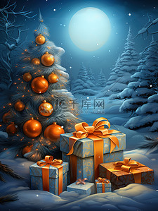 蓝色礼物盒插画图片_蓝色的夜晚圣诞树礼物盒11