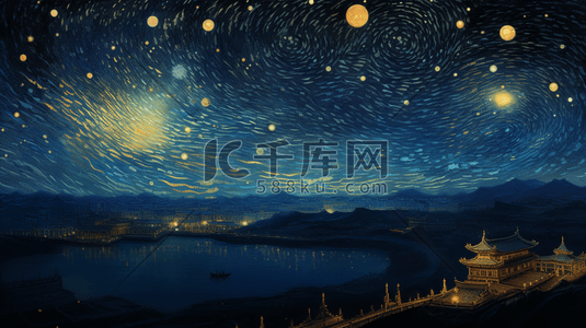 夜色建筑插画图片_梵高风梦幻星空建筑风景插画25