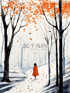 行走的女人插画图片_女人在秋天的小路散步5