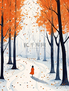 行走的女人插画图片_女人在秋天的小路散步8