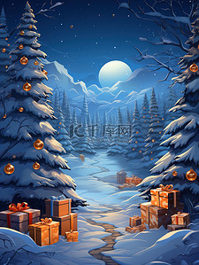 蓝色的数字6插画图片_蓝色的夜晚圣诞树礼物盒6
