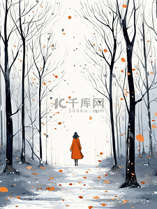 行走的女人插画图片_女人在秋天的小路散步9
