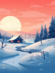 白雪树插画图片_被白雪树包围的冬季小屋14