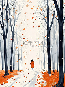 行走的女人插画图片_女人在秋天的小路散步7