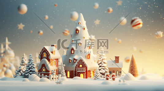 雪地房屋场景插画图片_3D立体圣诞场景插画25