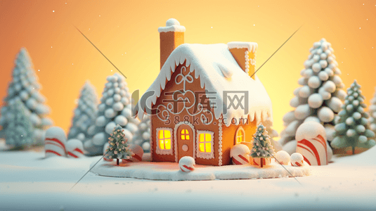 雪地房屋场景插画图片_3D立体圣诞场景插画6