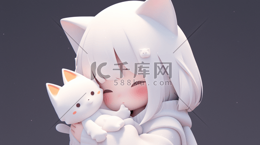 抱着猫咪的小女孩插画1