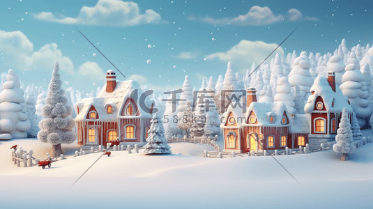 雪地房屋场景插画图片_3D立体圣诞场景插画22