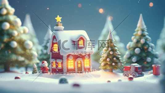 雪地房屋场景插画图片_3D立体圣诞场景插画17
