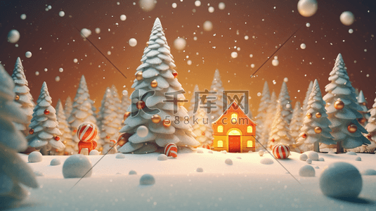 雪地房屋场景插画图片_3D立体圣诞场景插画19