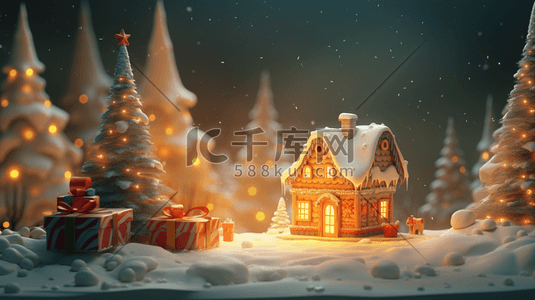雪地房屋场景插画图片_3D立体圣诞场景插画2