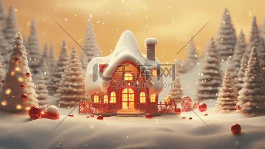 雪地房屋场景插画图片_3D立体圣诞场景插画4