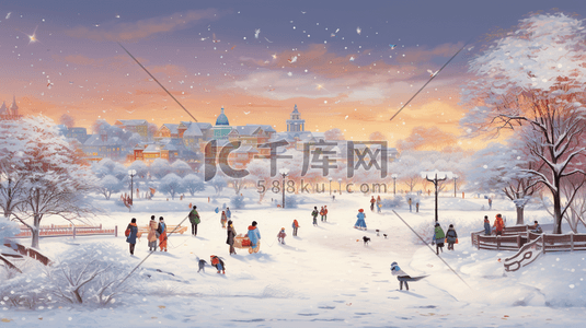 乡村人物插画图片_乡村雪地里玩耍儿童插画37