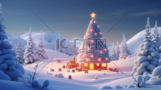 雪地房屋场景插画图片_3D立体圣诞场景插画1