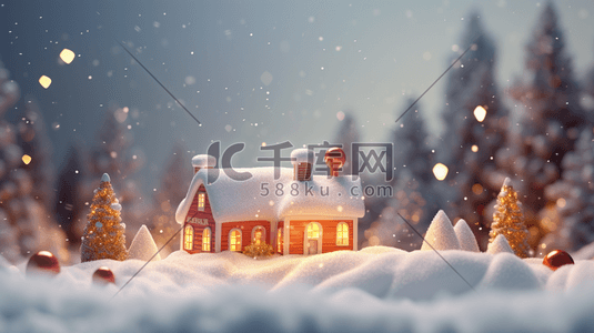 雪地房屋场景插画图片_3D立体圣诞场景插画10