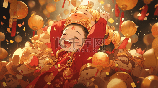 喜庆财富插画图片_春节欢乐的女孩插画1