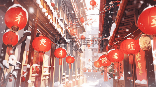 雪花红色插画图片_挂满红色灯笼的古建筑街景插画6