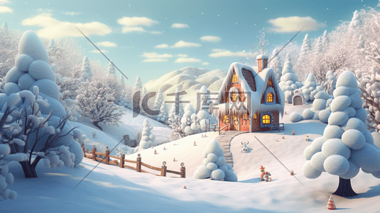 圣诞插画图片_3D立体圣诞雪景插画4