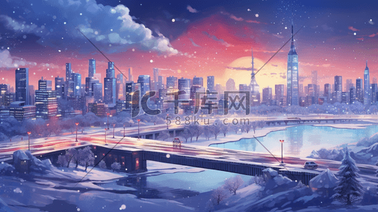 现代城市冬季雪景唯美插画14