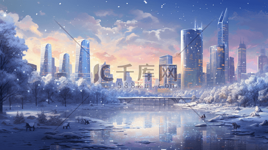 现代城市冬季雪景唯美插画21