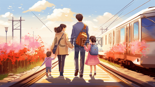 高铁运输插画图片_彩色春节春运回家过年插画6