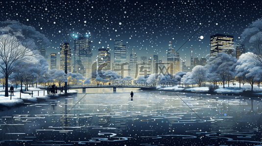 冰面插画图片_现代城市冬季雪景唯美插画1