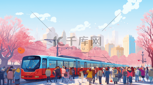 高铁运输插画图片_彩色春节春运回家过年插画27