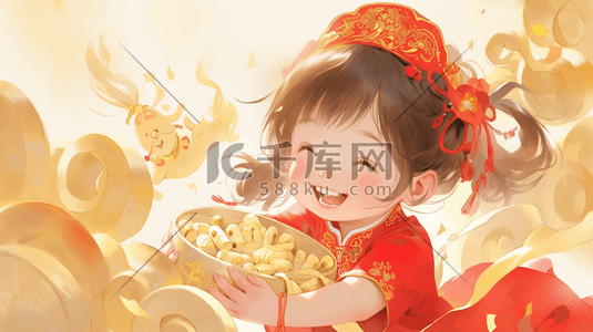 金色春节插画图片_春节欢乐的女孩插画30