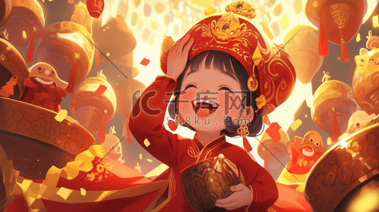 状元插画图片_红色庆祝节日儿童喜悦插画7春节