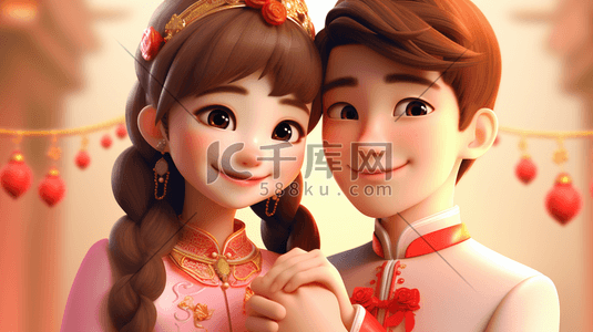 中式婚礼插画图片_中式婚礼情侣照片插画